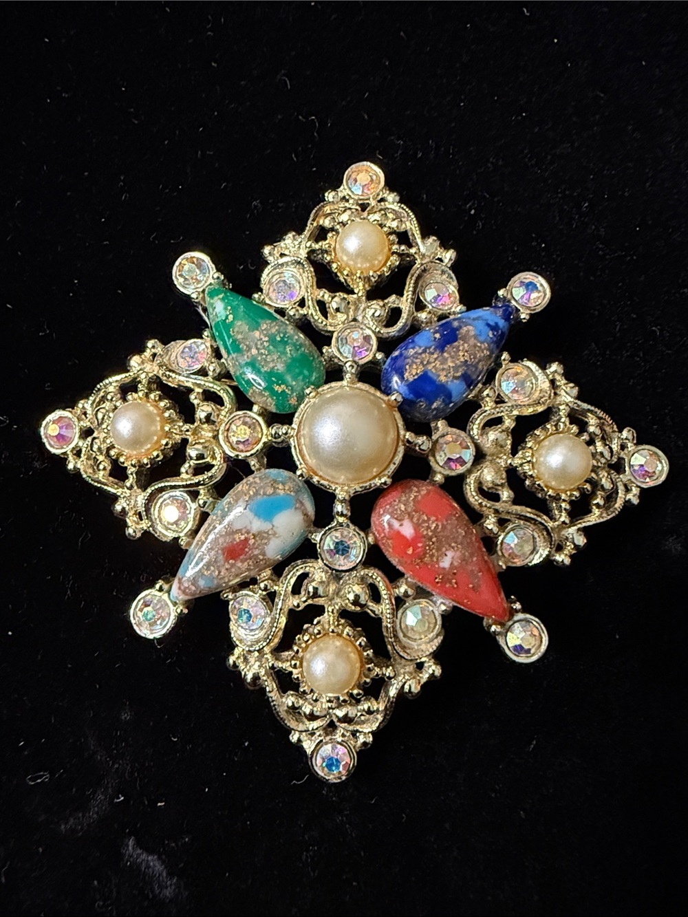 Sara Coventry Multicolor Gem & Pearl Filigree Statement Brooch - Women Jewelry